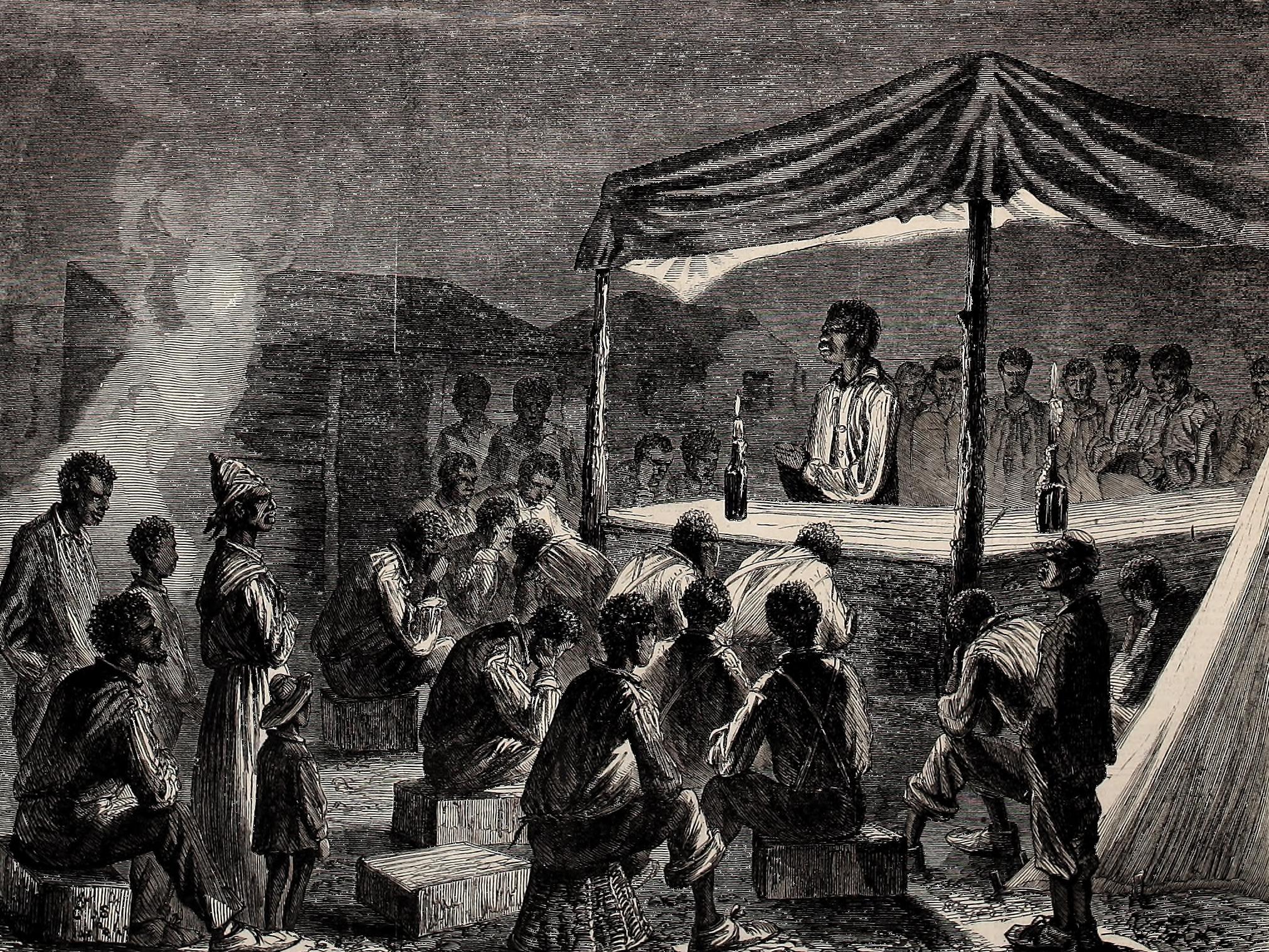 A drawing from an 1864 newspaper shows people gathered at a prayer meeting under a tent.