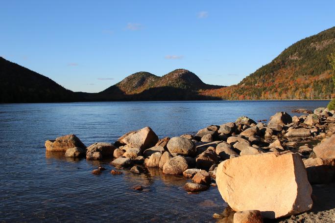 A view of Jordan Pond with the Bubbles in the Background.