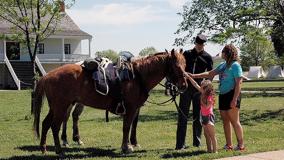 Volunteer dressed in historic Civil War cavalry uniform with his horse. Horse is being petted.