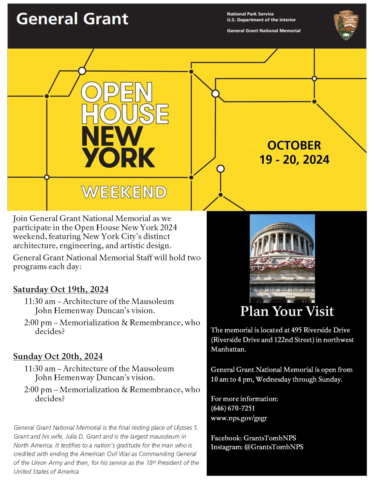 A flyer for Open House New York event at General Grant National Memorial with program descriptions.