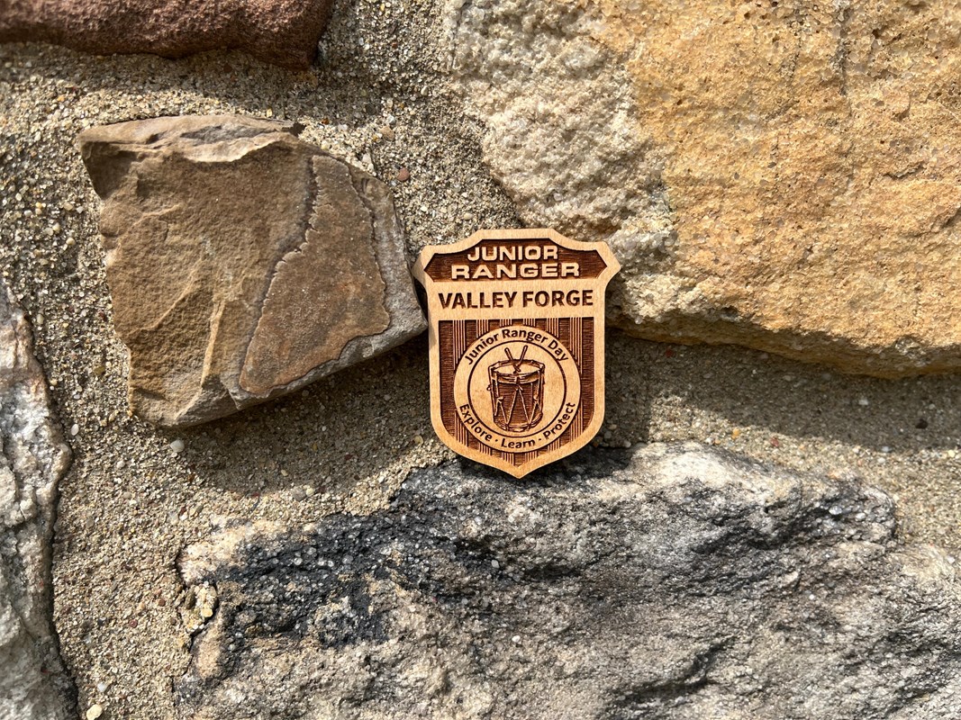 a wooden junior ranger badge with a drum on it sits on a stone wall