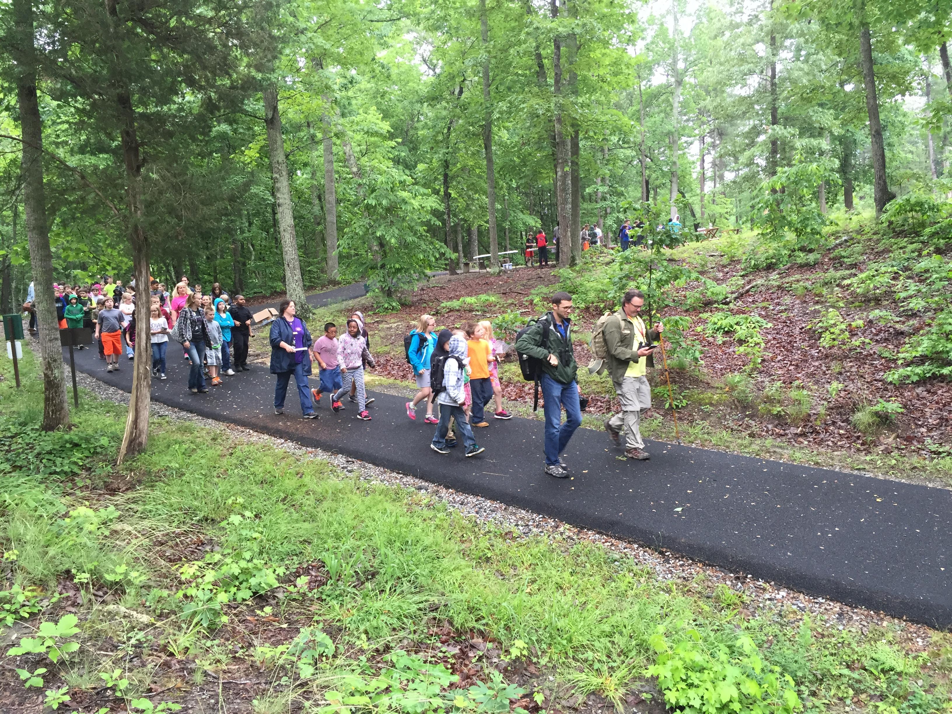 A large group of people are walking on a paved trail through the woods.