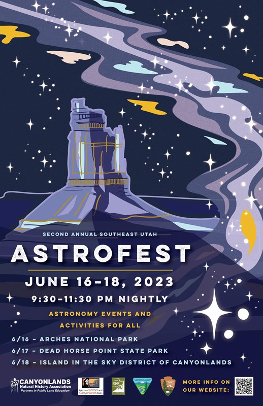 A multicolored illustration of the milky way and sandstone monolith promotes Astrofest 2023.