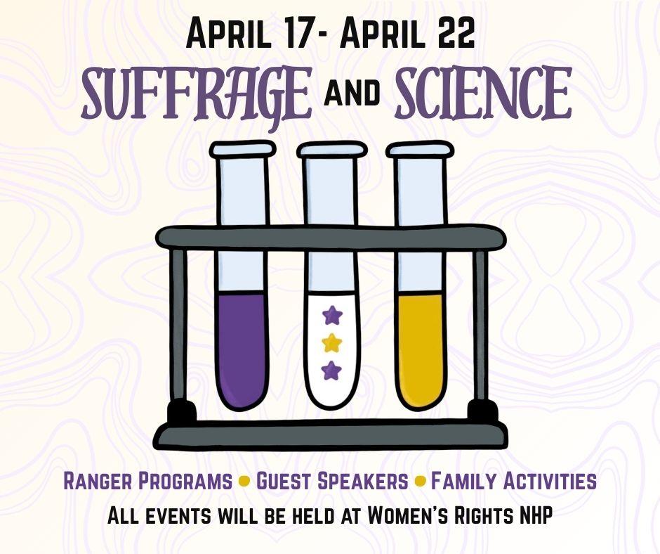 Graphic of three test tubes, in the colors of purple, white, and gold.