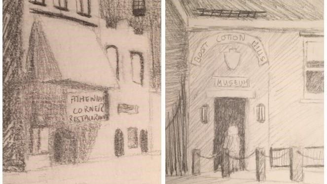 Sketches of historic buildings in Lowell.