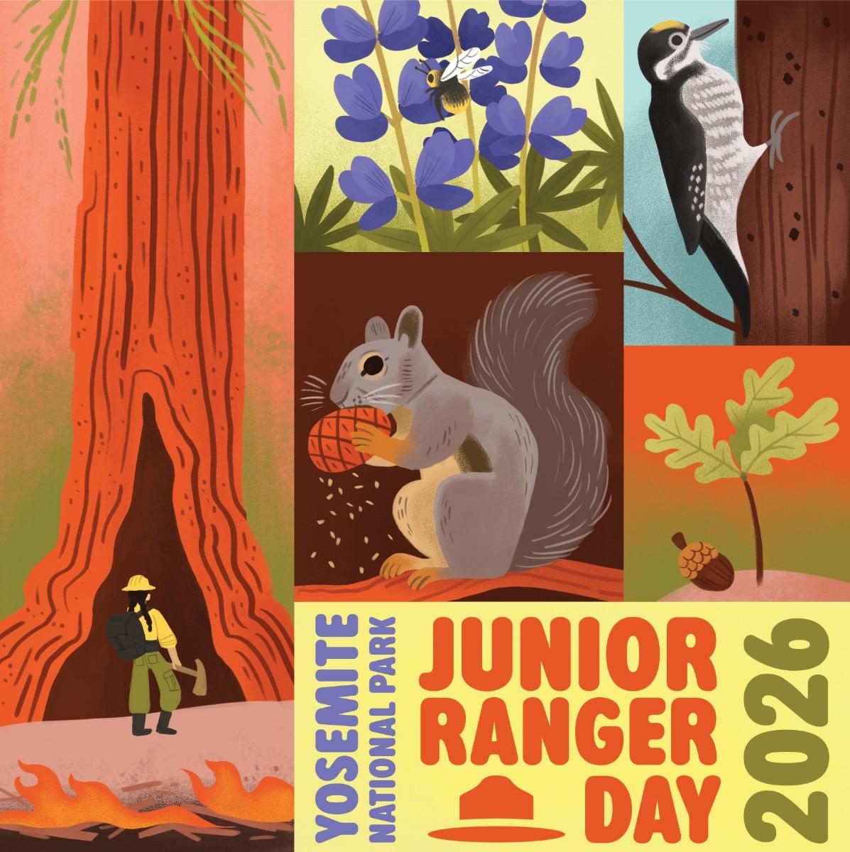 Junior Ranger Day graphic with illustrated yosemite plants and animals