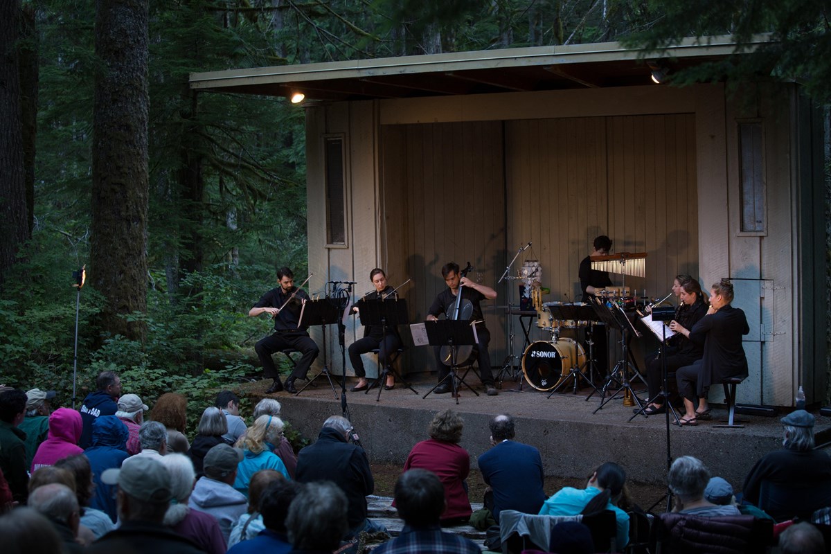 Band plays on stage surrounded by trees while audience listens