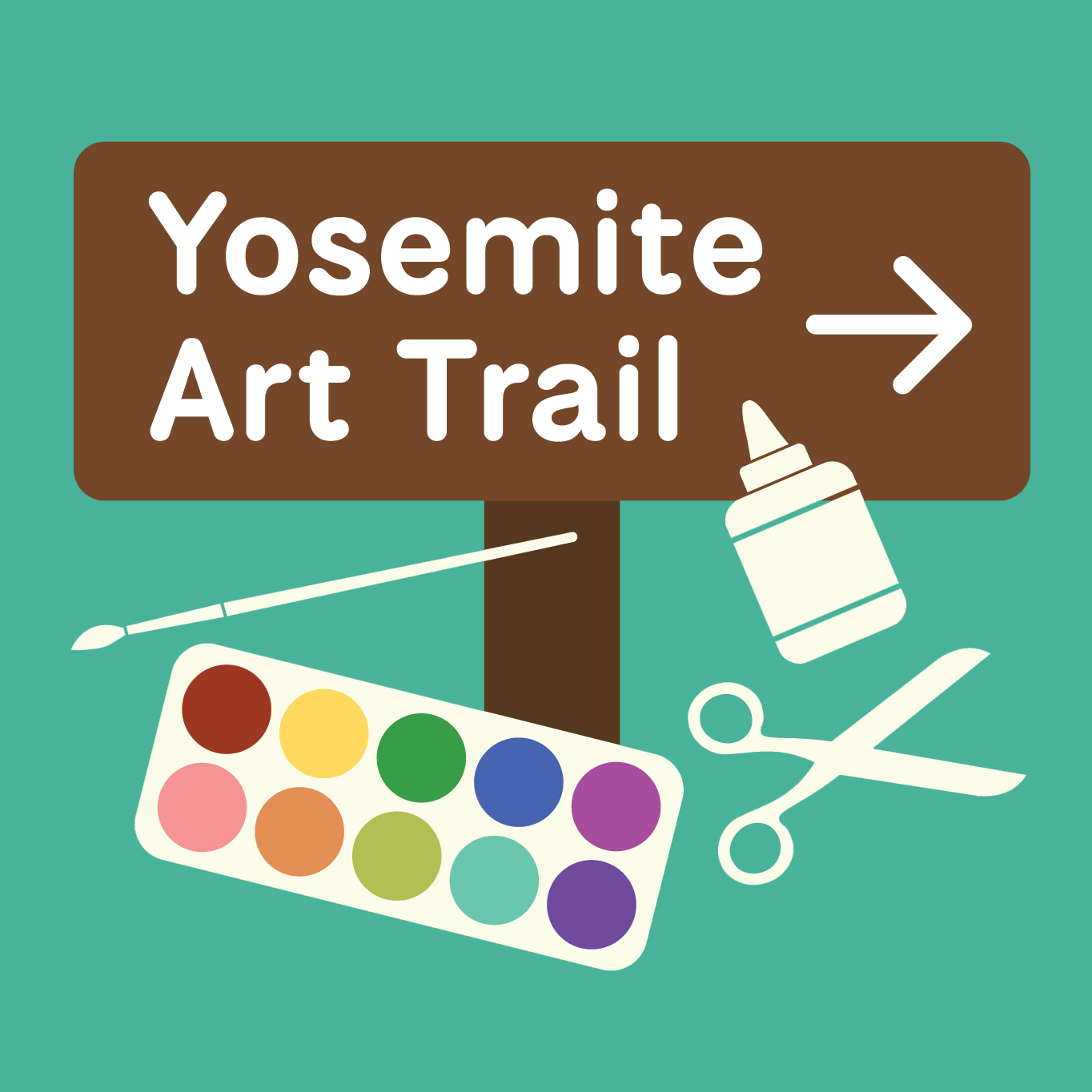 Yosemite Art Trail graphic, featuring a trail sign and art supplies