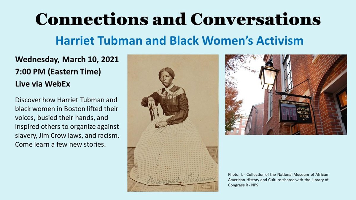 Two photographs against a blue background of Harriet Tubman and the MAAH.