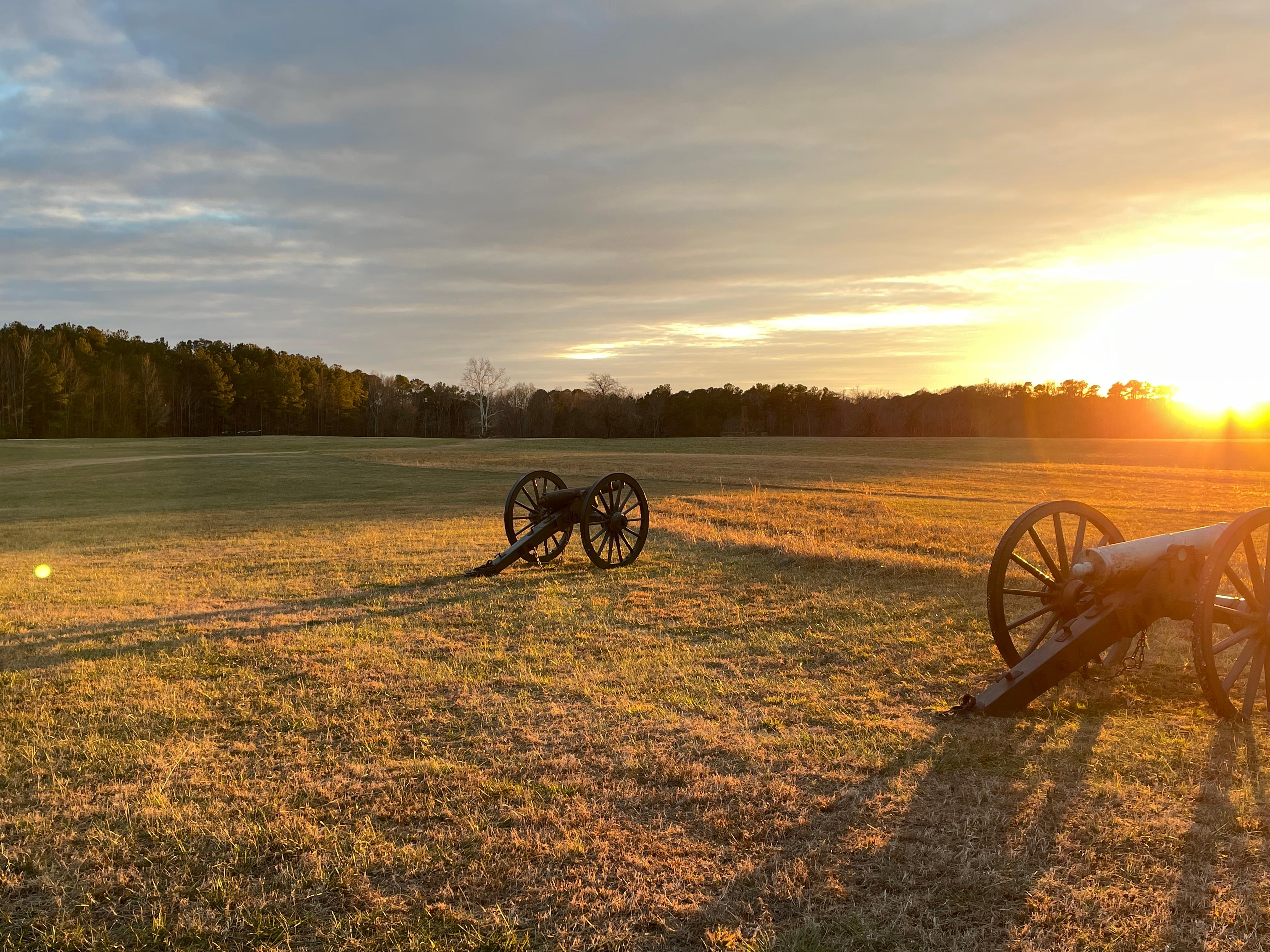 Two cannons in a field at sunset with a line of trees on the horizon