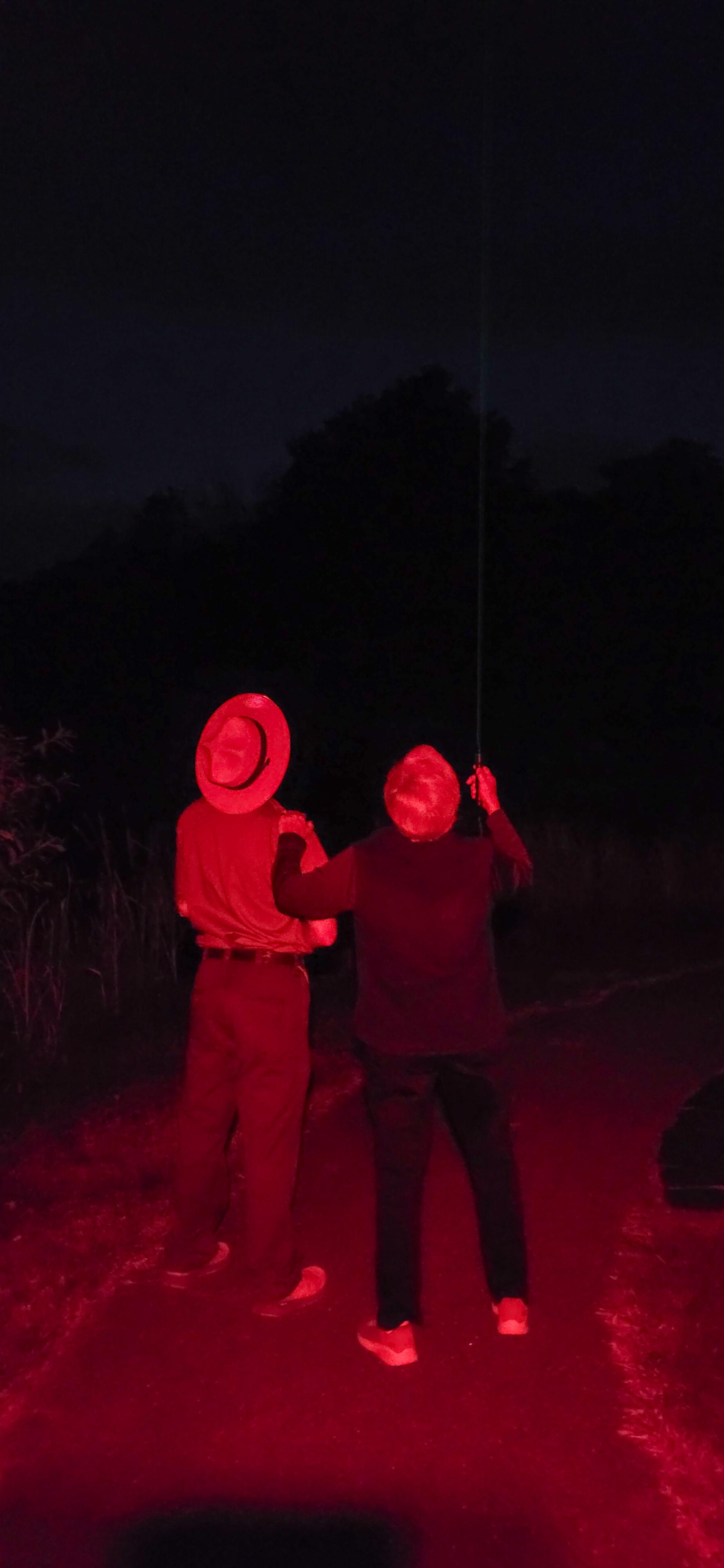 uniformed ranger and a women stand in the dark pointing a laser upwards