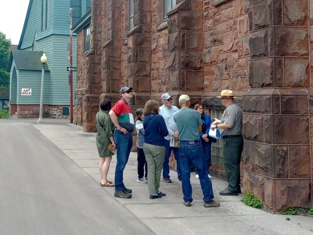 A park ranger gives a guided tour in downtown Calumet, Michigan.