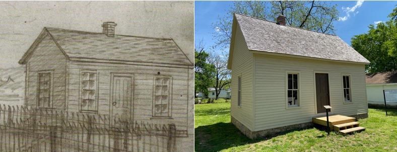 Black and white drawing of a period school and a color photograph of the period school.