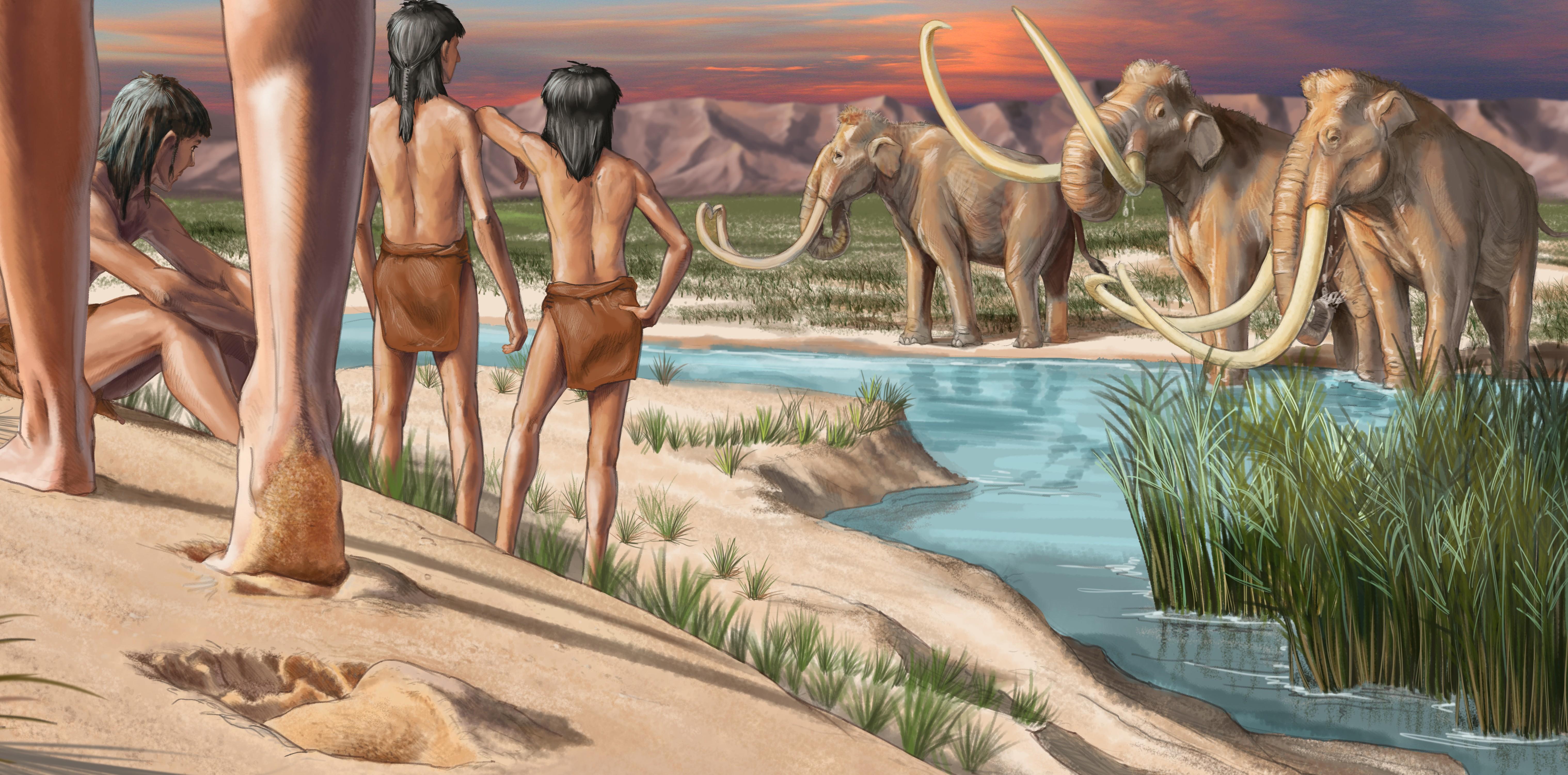 Young adults look on as mammoths drink from a stream