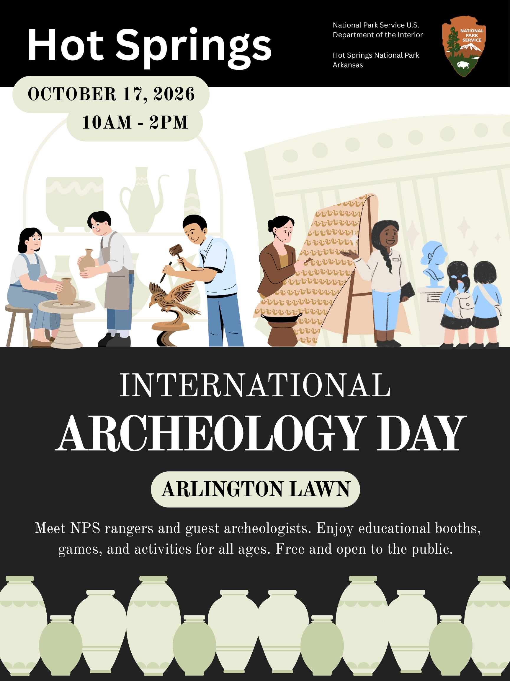 Flyer for October 17, 2026, 10 a.m. to 2 p.m. International Archeology Day. Arlington Lawn.