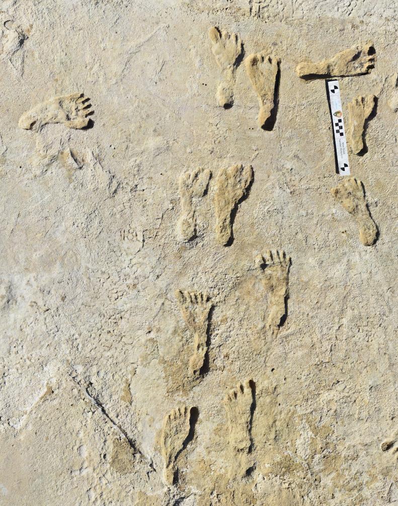 Distinct outlines of human feet in the desert floor