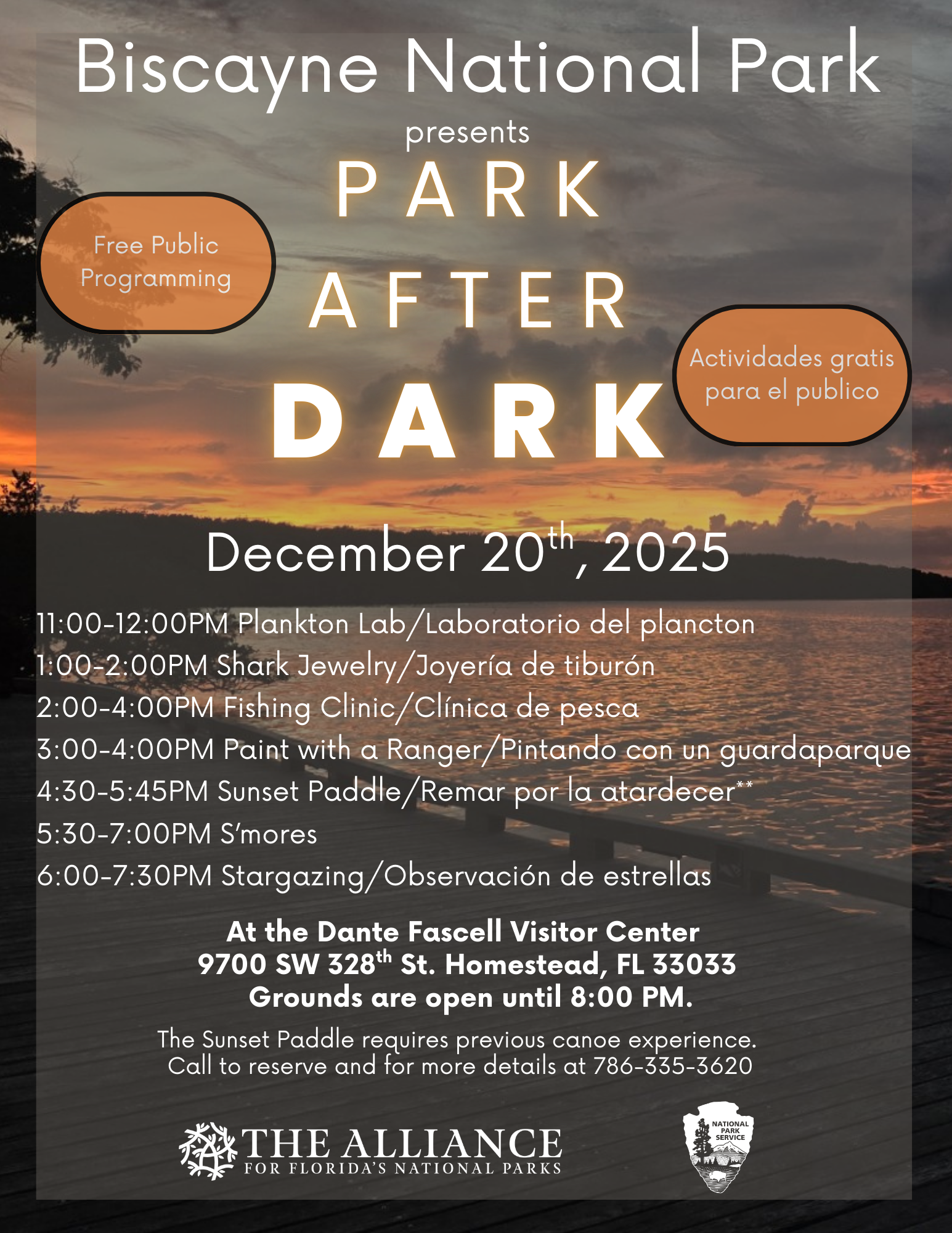 A flyer for Park After Dark, shows a sunset behind silhouetted mangroves, with a boardwalk and waves