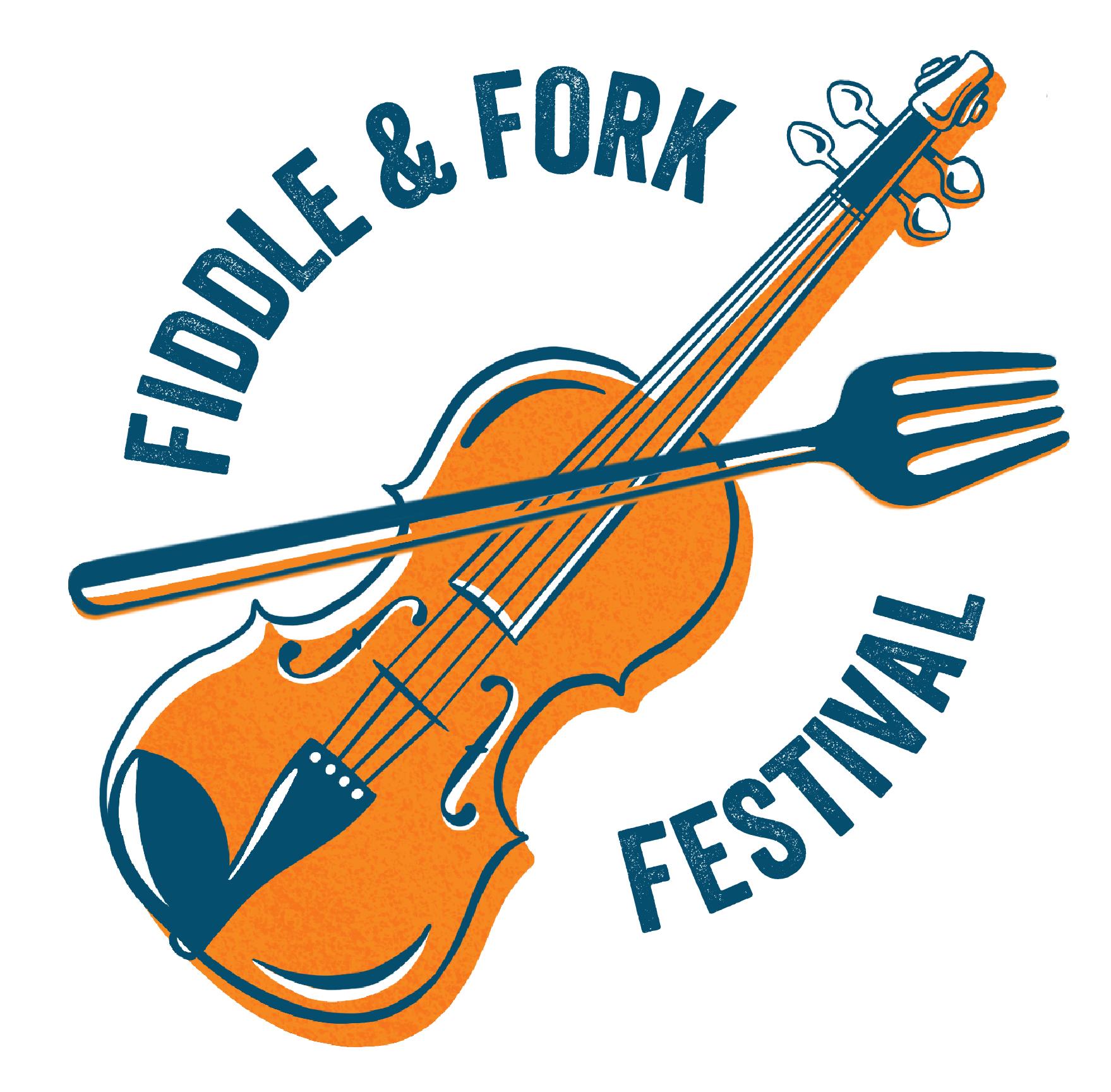 Logo for Fiddle and Fork Festival with a fiddle in the middle of logo on a white background