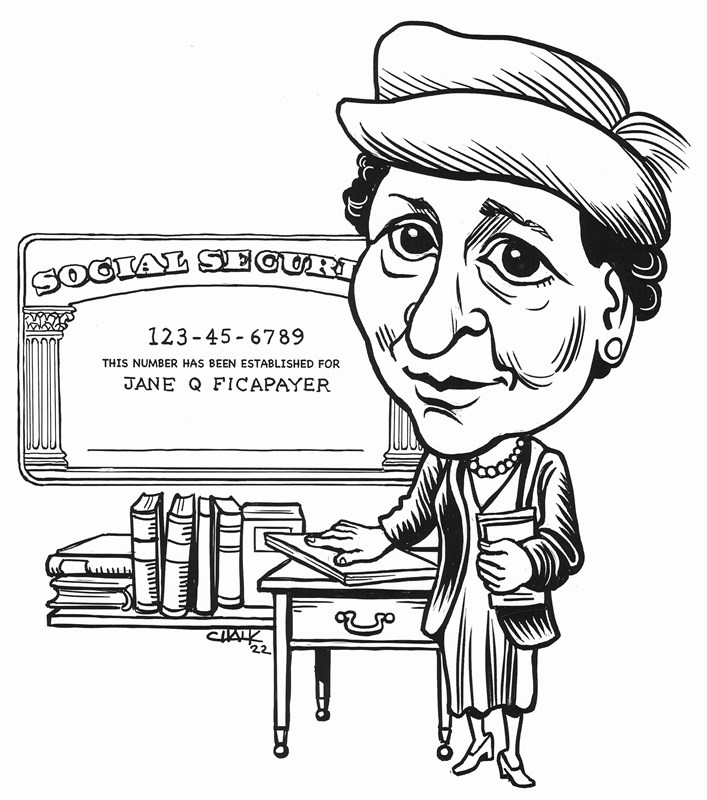 Drawing of a woman in caricature form with a large head and a large Social Security card