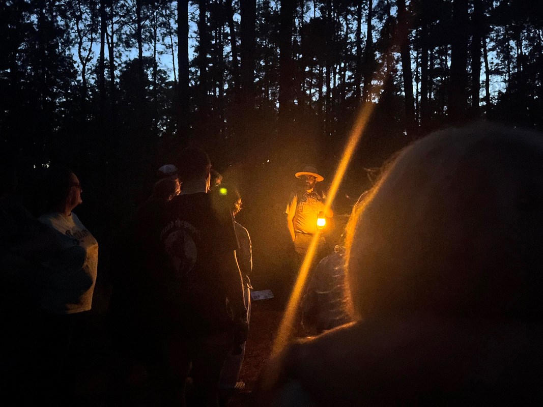 A park ranger holding a lantern while leading a hike in the woods after dark.
