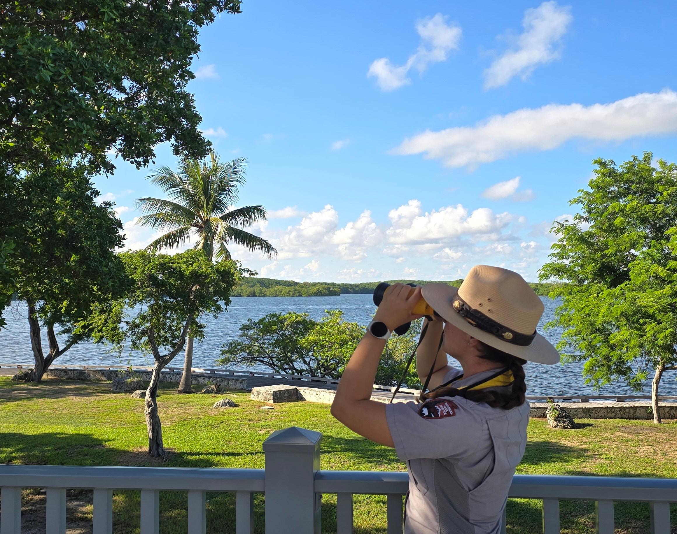 A ranger looks through binoculars at something in a tree, a boardwalk along the water is behind her.
