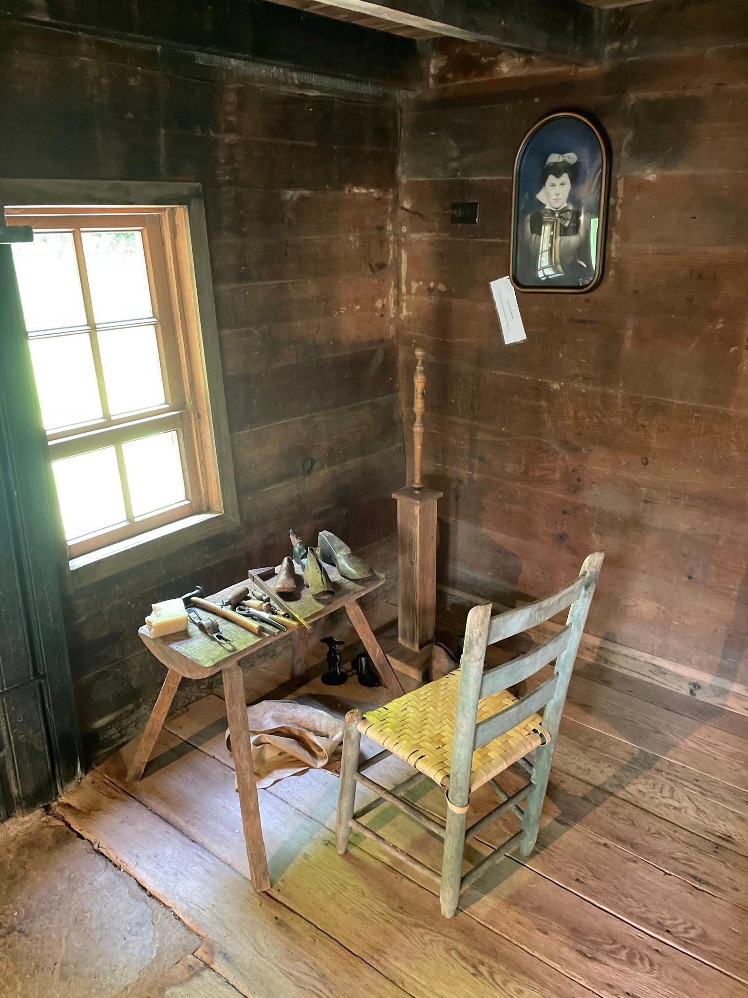 A Cobbler's bench near the window in Brinegar Cabin