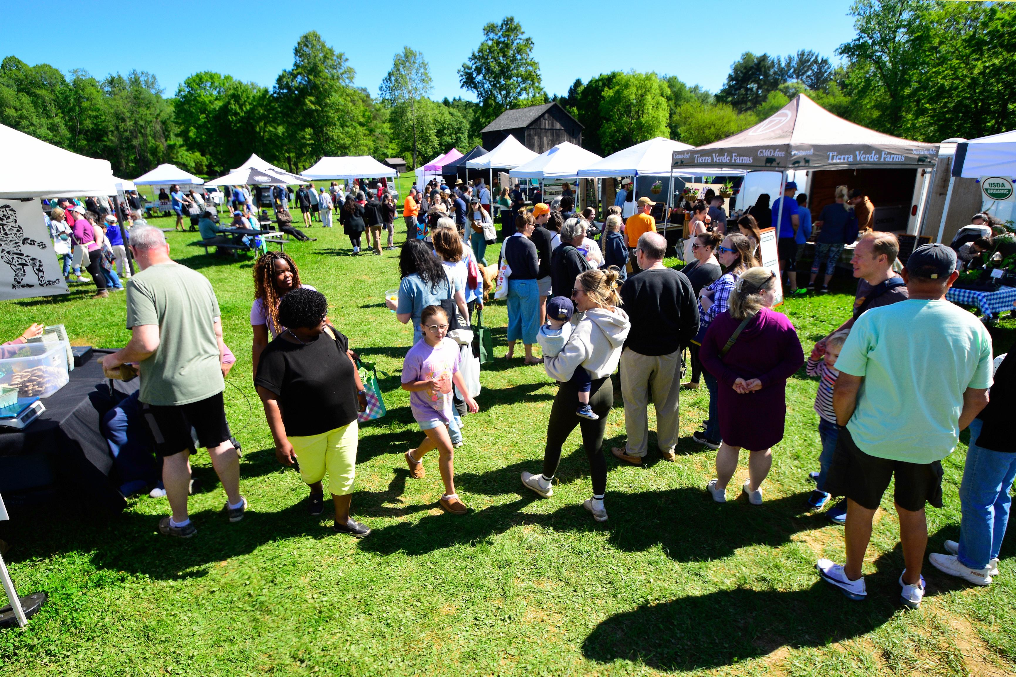 A crowd of people walk around two rows of tents shopping at the Farmers Market.