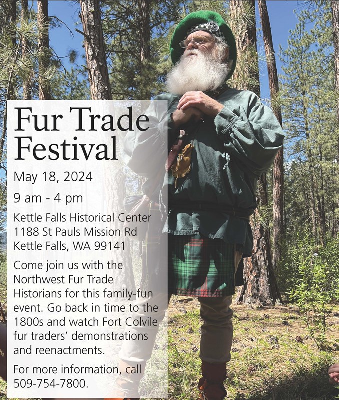 Flyer with date and description of event. Picture of a white man wearing fur trading clothes.