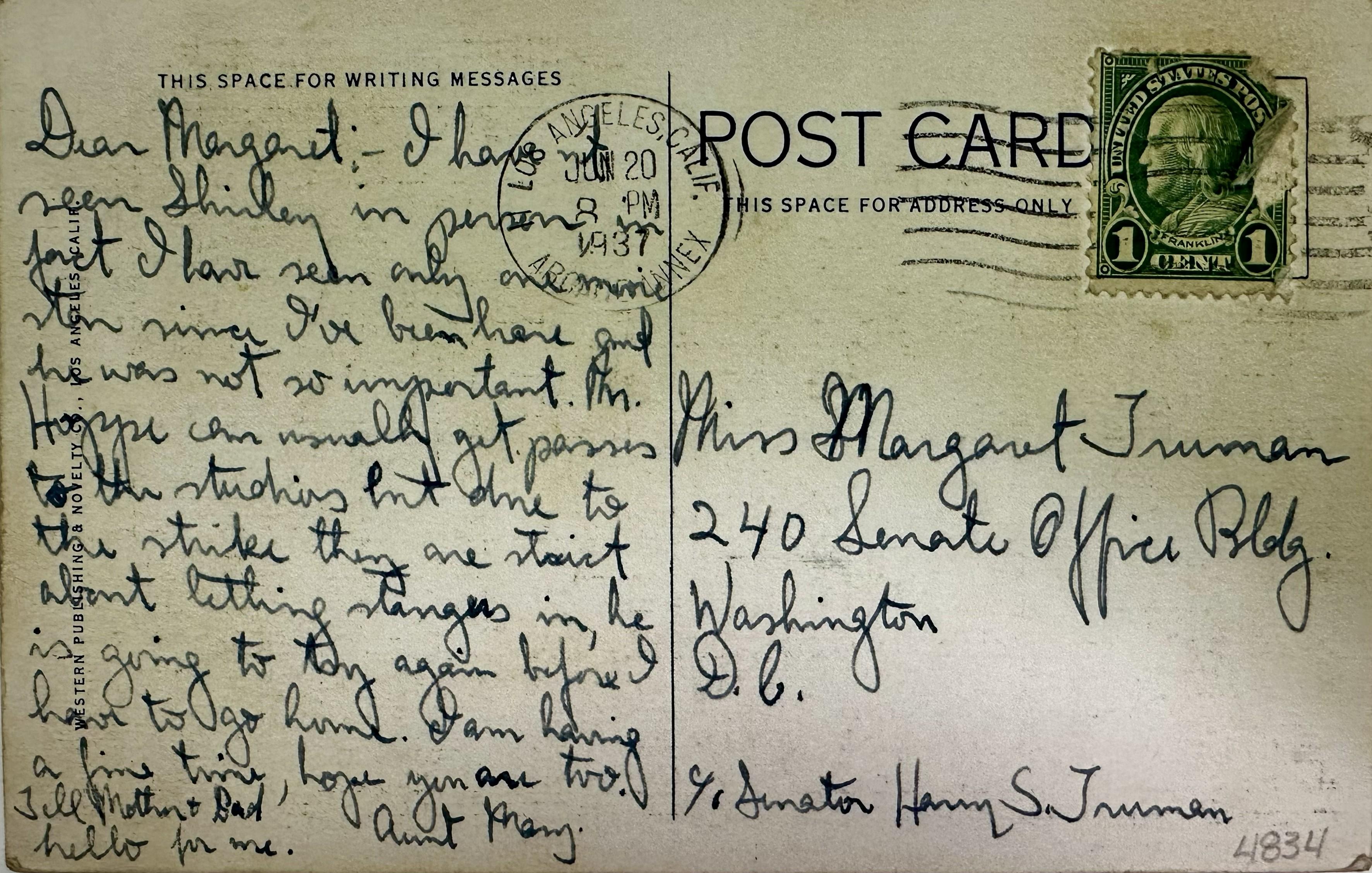The back of the postcard Aunt May Wallace sent to Margaret Truman.