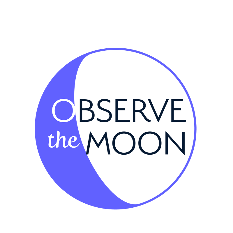 A circular logo with half being blue and the words Observe the Moon in the center.