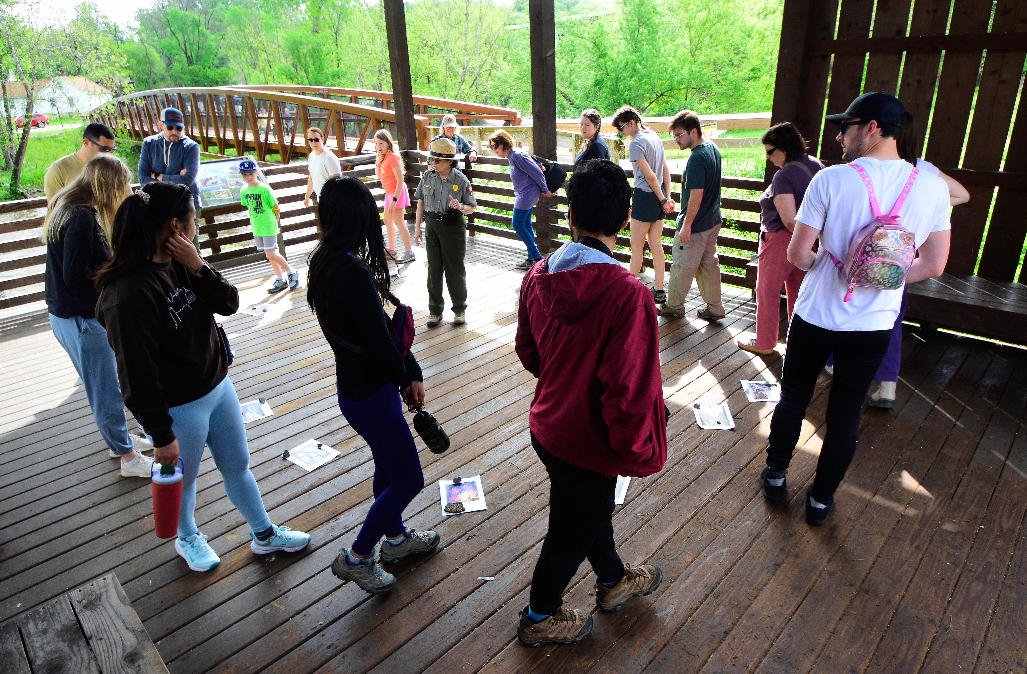 A group of visitors walk in a circle looking at pictures placed on the ground during a ranger talk.