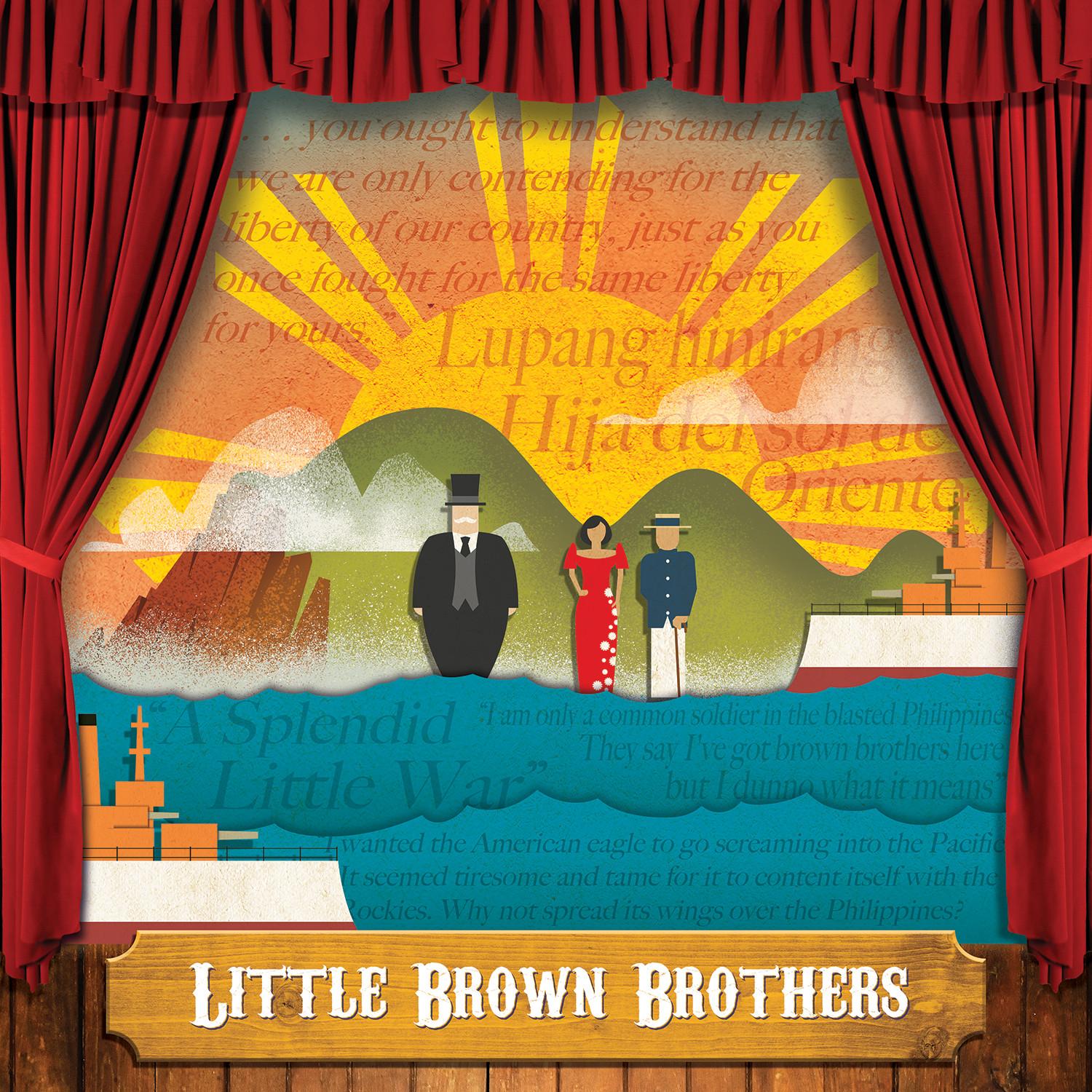 Stage ringed by red velvet curtains and three people standing above blue water with green mountains