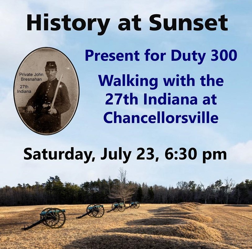 Event flyer with a Photo of a Civil War soldier and 4 cannon behind a row of breastworks.