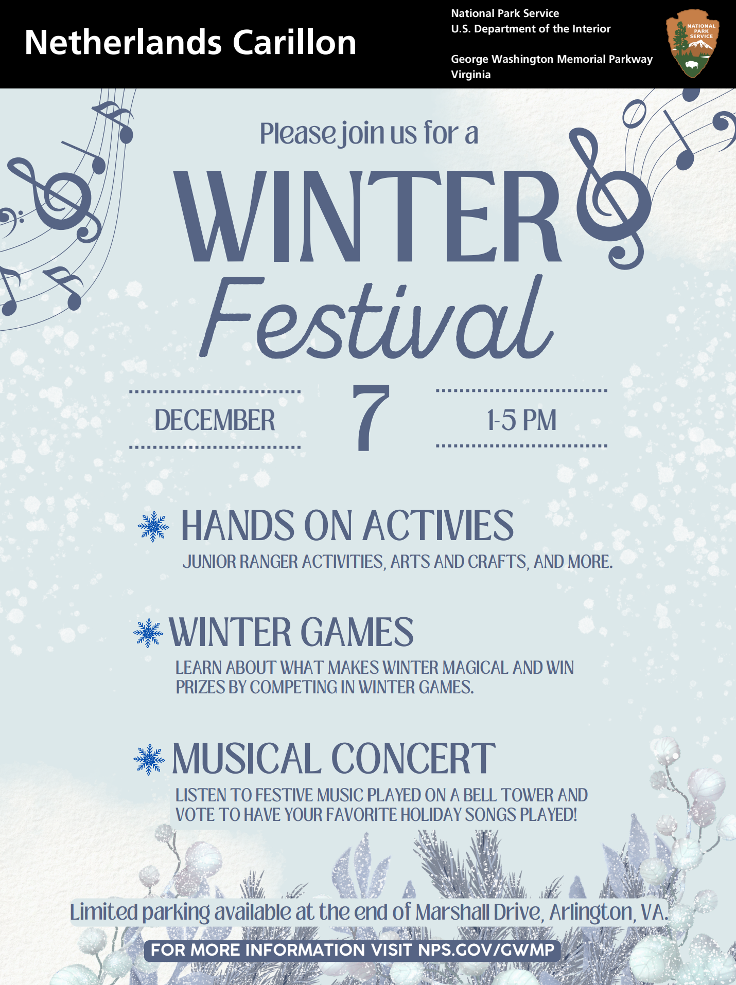 Blue poster with snow and music notes promoting a winter festival