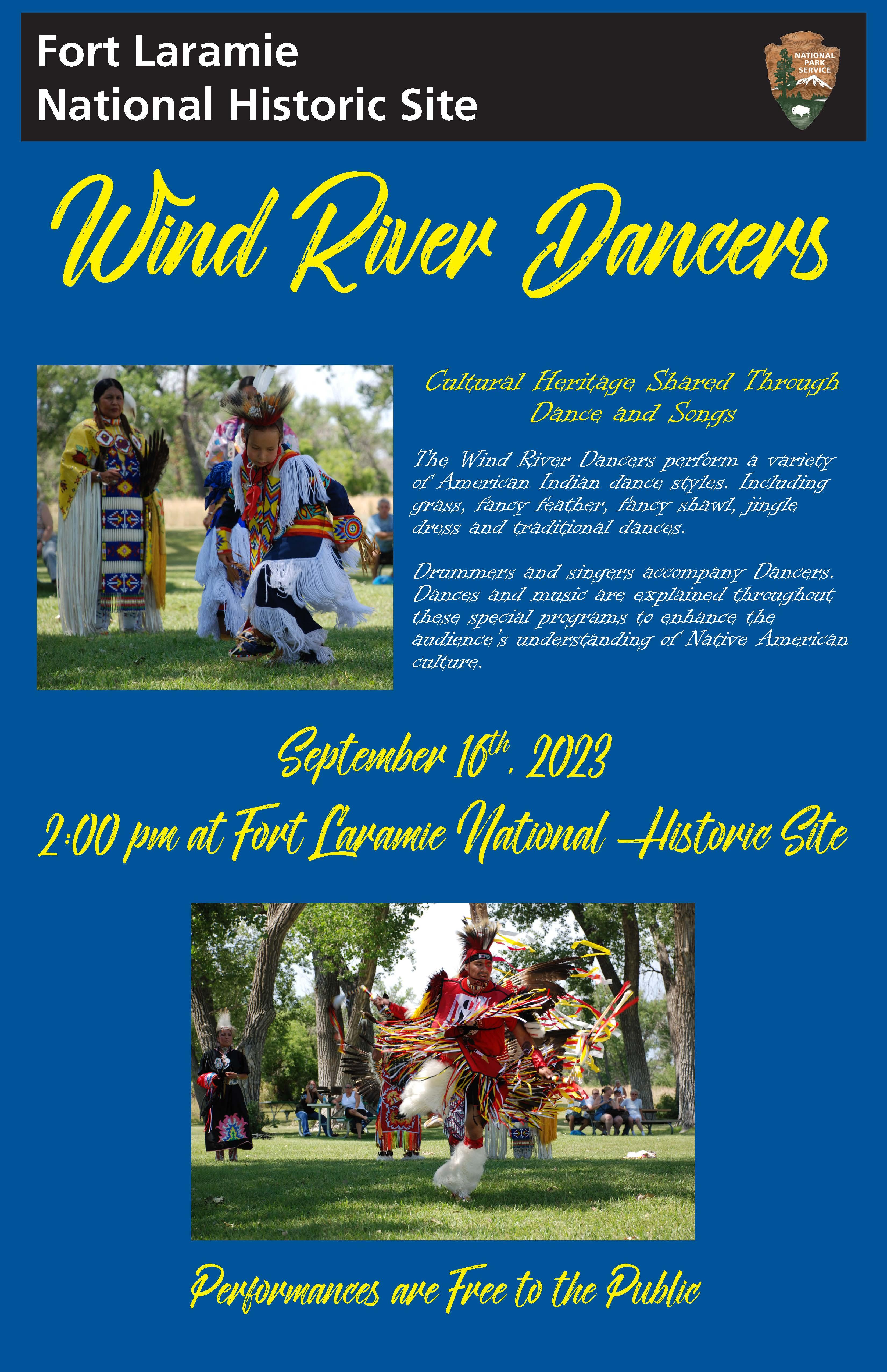 A poster with NPS branding at the top and images of Native American dancing. Text repeats info.