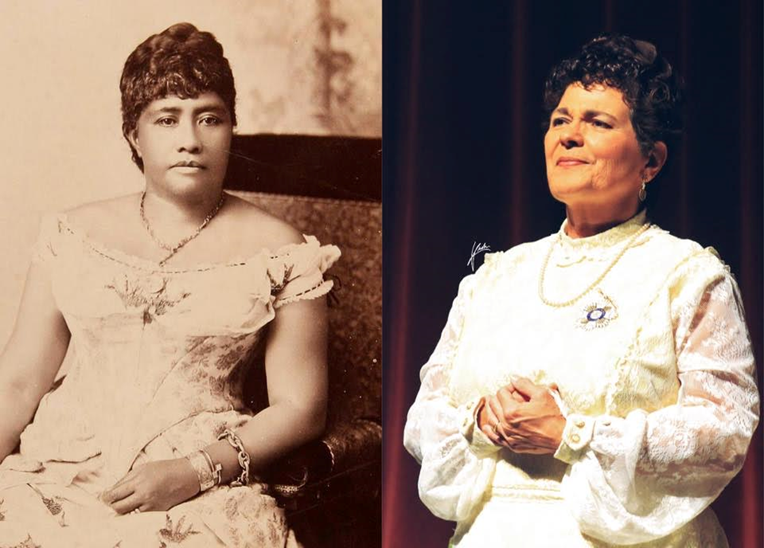 A historic black and white photo of Hawaii Queen Liliuokalani next to photo of actor