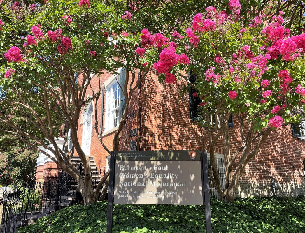 Exterior of Belmont-Paul house with NPS sign surrounded by flowering trees