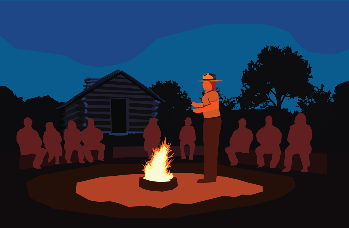 illustration of a park ranger standing near a campfire surrounded by an audience seated on benches