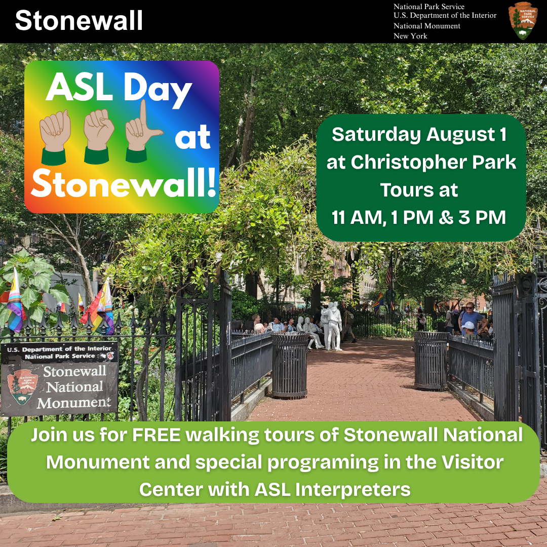 A flyer with information on ASL Day. The flyer has a picture of Christopher Park.