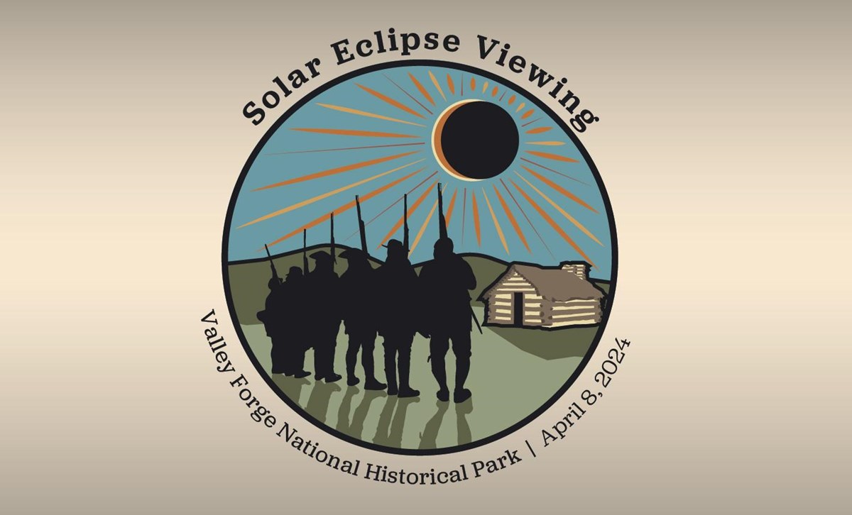 a circular illustration depicting a log hut and soldiers standing at attention under a dark sun.