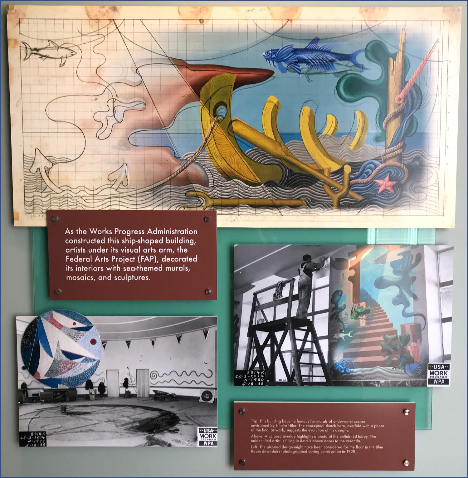 Exhibit panel showing various aspects of the Maritime Museum's construction.