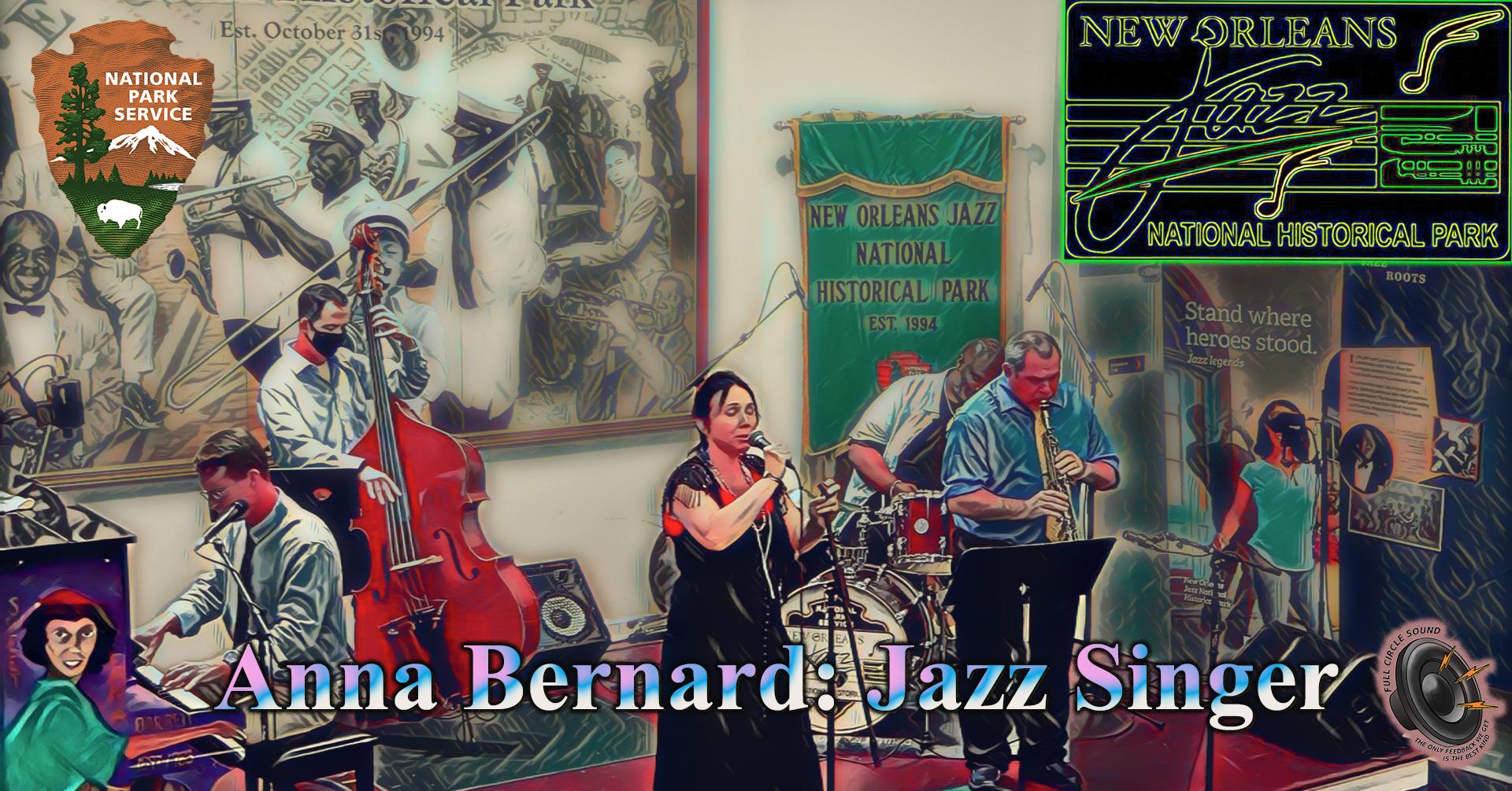 Stylized photo of Anna Bernard & Band performing on JAZZ Park stage.