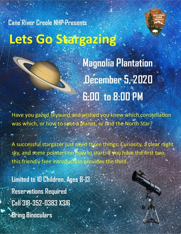 Stargazing program flyer featuring a starry sky with a planet and telescope.