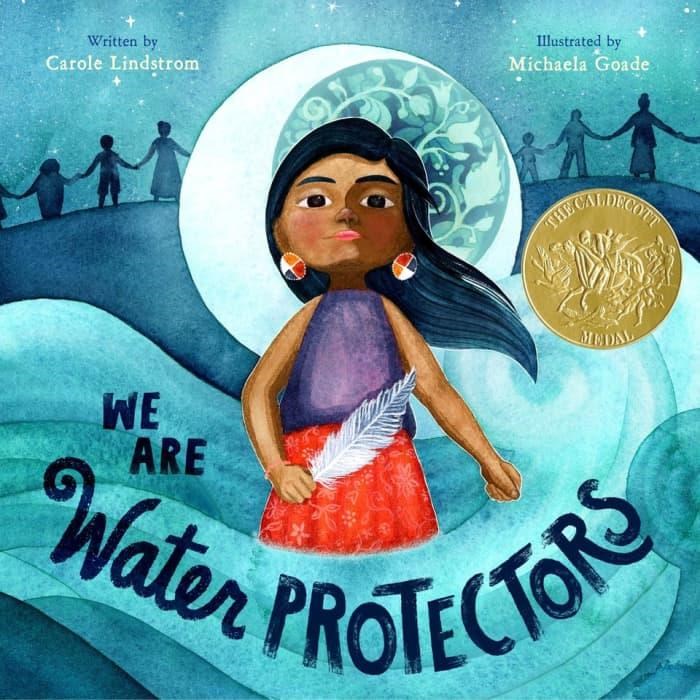 Book cover of Water Protectors, an illustration of a girl standing in a flow of water against a moon