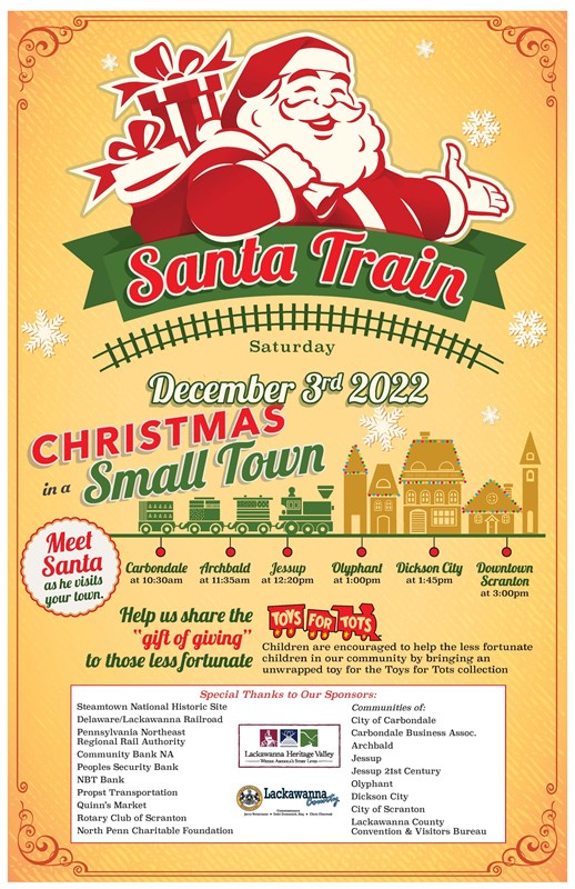 Holiday themed event flyer for Saturday, December 3rd Santa Train.