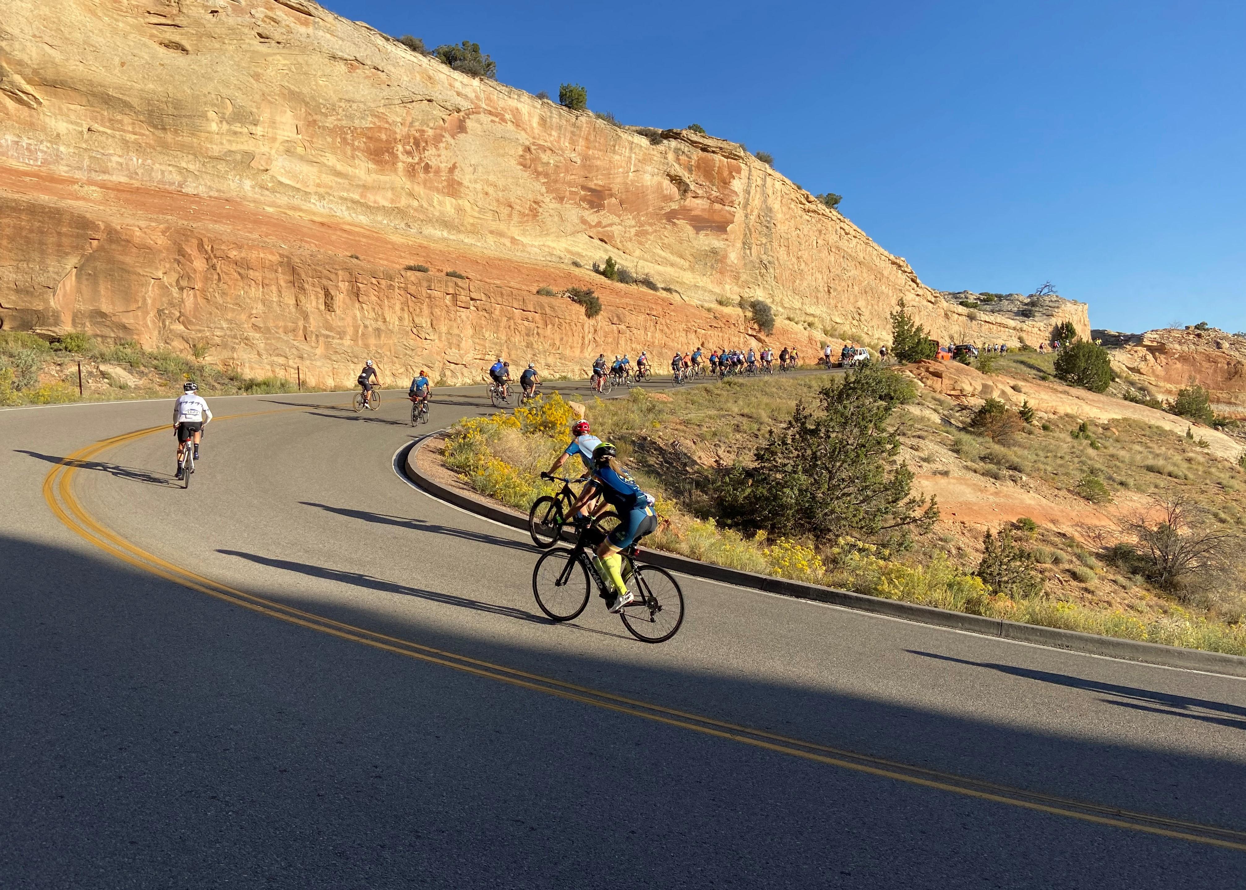 Road cyclists ascend a twisting turn on Rim Rock Drive surrounded by orange and tan cliffs.