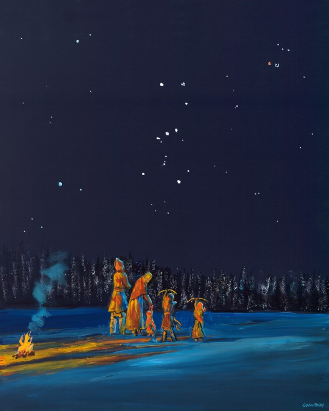 A night scene showing figures shooting an arrow toward the sky.