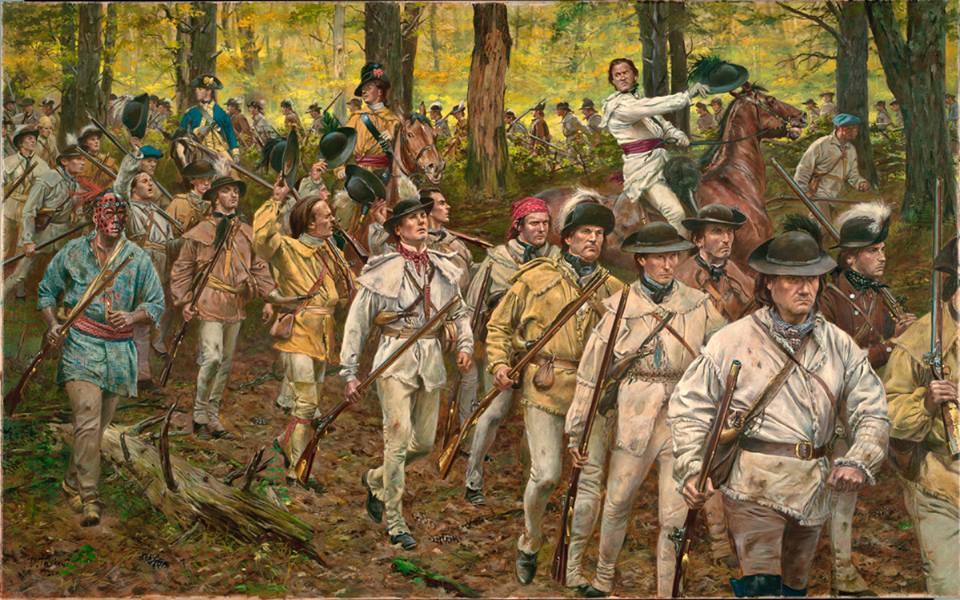 historical painting of soldiers marching in the woods