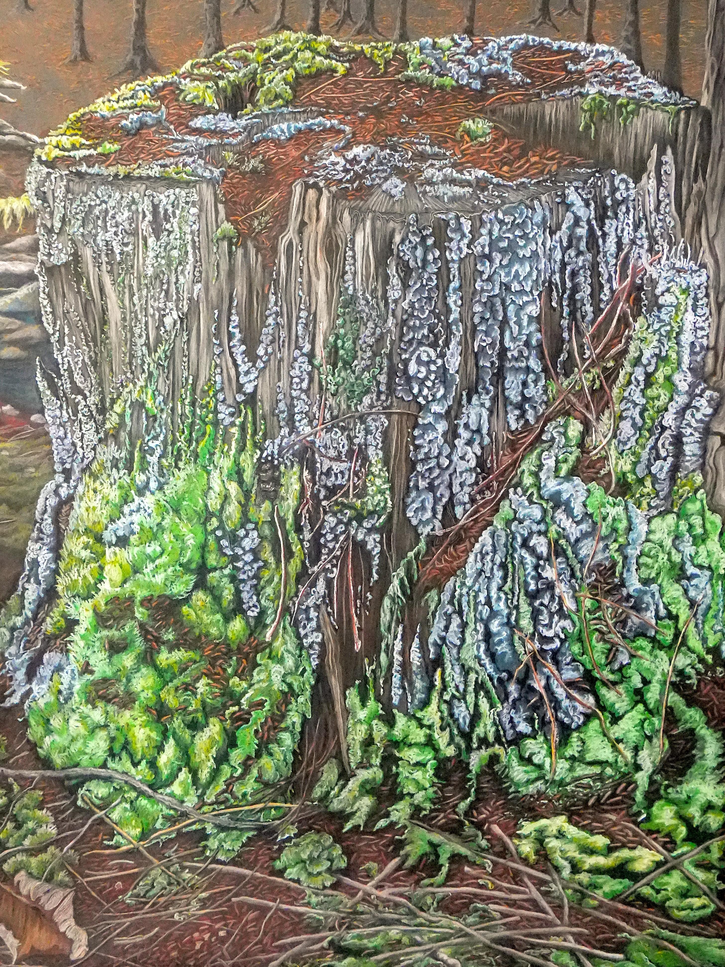 Painting of a tree stump with moss and lichen