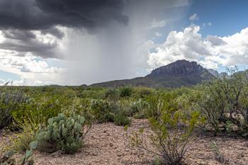 Dark clouds rain down an isolated column of rain over the desert.